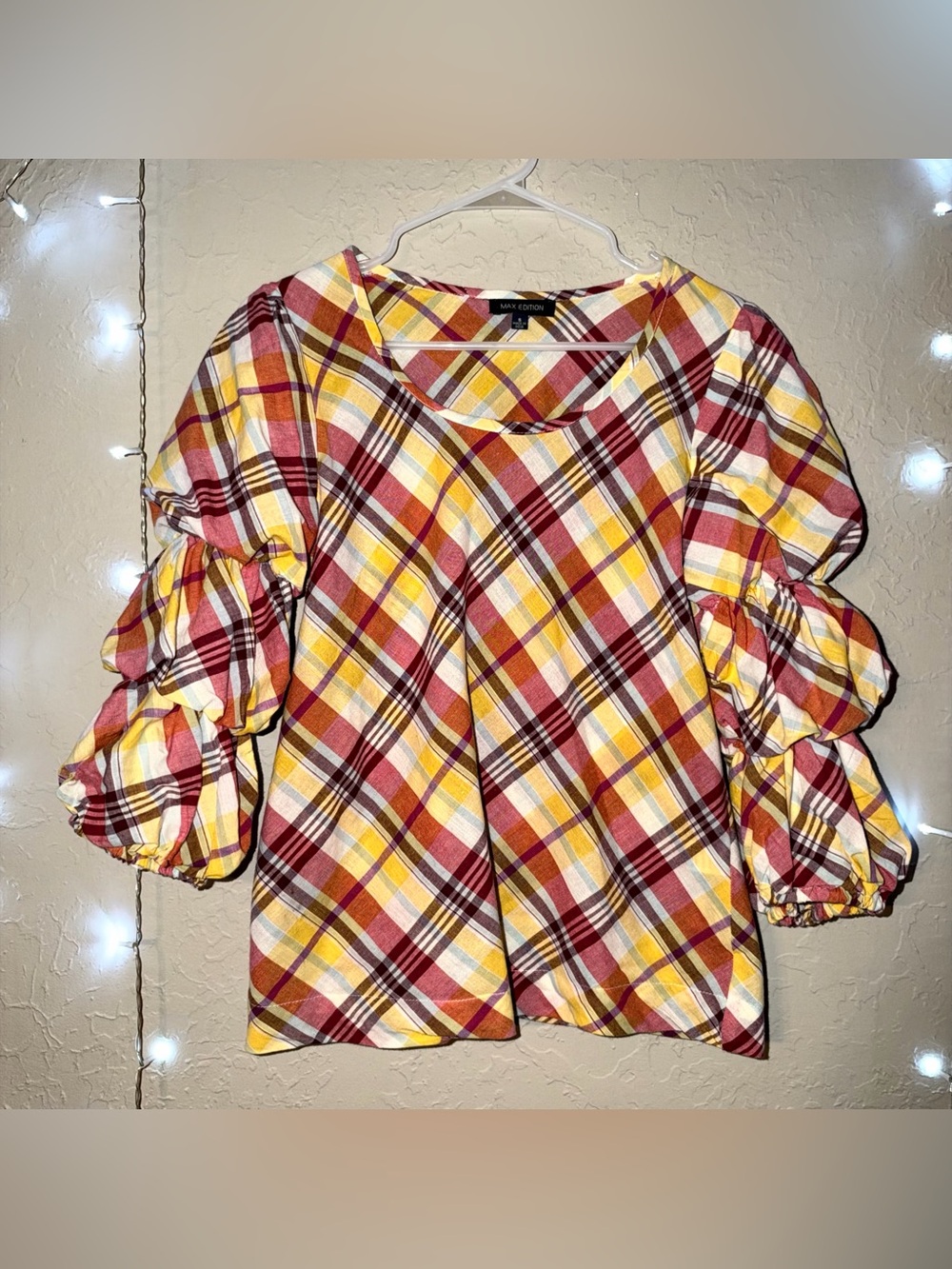 Max Edition Vintage Plaid Puff Sleeve Top
